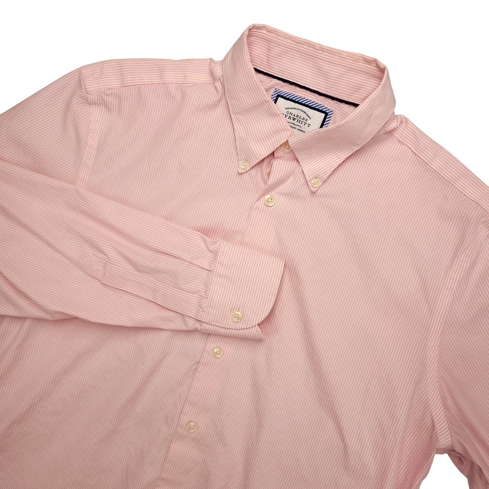 Charles Tyrwhitt Dress Shirt Mens 16.5 32/33 Pink Stripe Slim Fit Non Iron